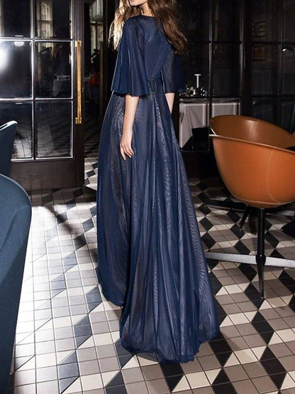 A-Line Empire Elegant Wedding Guest Formal Evening Dress V Neck Half Sleeve Floor Length Tulle with Pleats - RongMoon