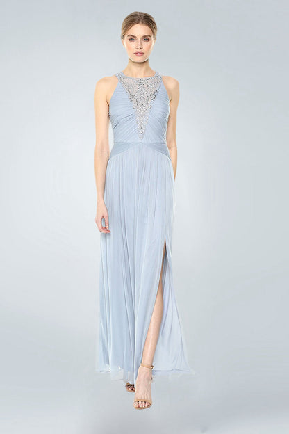 Halter Sleeveless Beading Long Chiffon Formal Prom Dresses