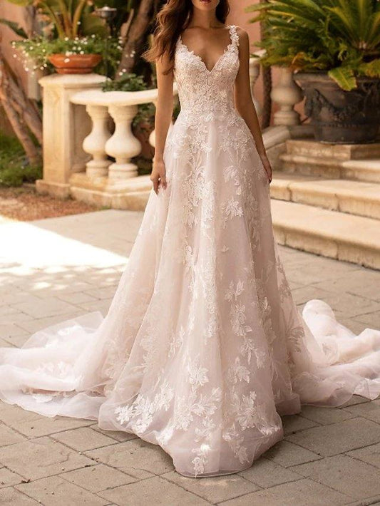 A-Line Wedding Dresses V Neck Court Train Lace Tulle Sleeveless Formal Plus Size with Lace Insert Appliques - RongMoon