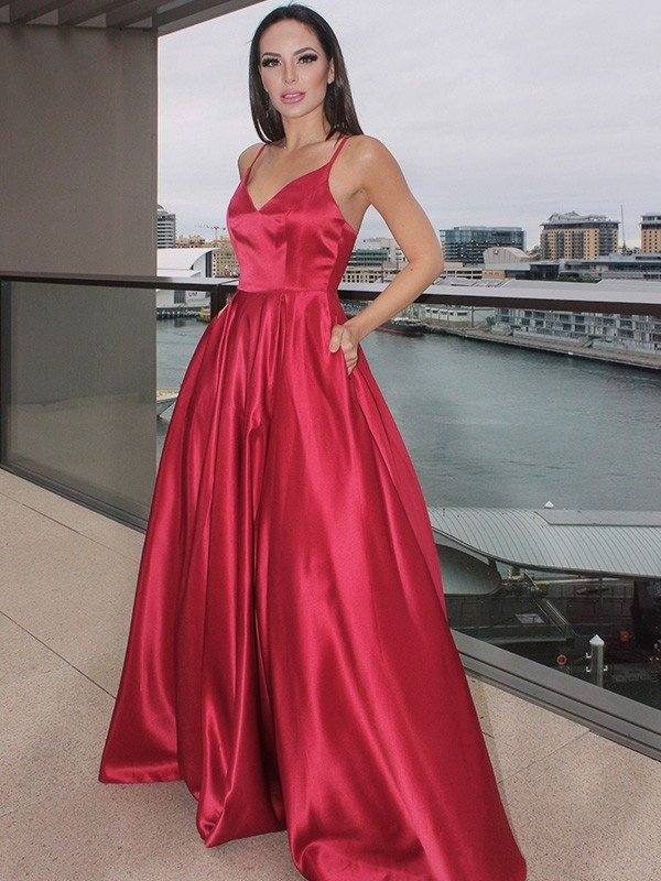 A-Line/Princess Sleeveless Ruffles V-neck Satin Floor-Length Dresses - RongMoon