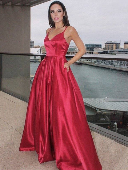 A-Line/Princess Sleeveless Ruffles V-neck Satin Floor-Length Dresses - RongMoon