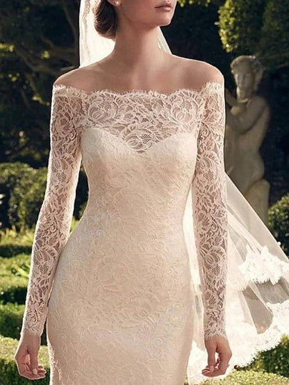 Mermaid / Trumpet Wedding Dresses Off Shoulder Sweep / Brush Train Lace Long Sleeve Romantic Sexy See-Through with Embroidery - RongMoon