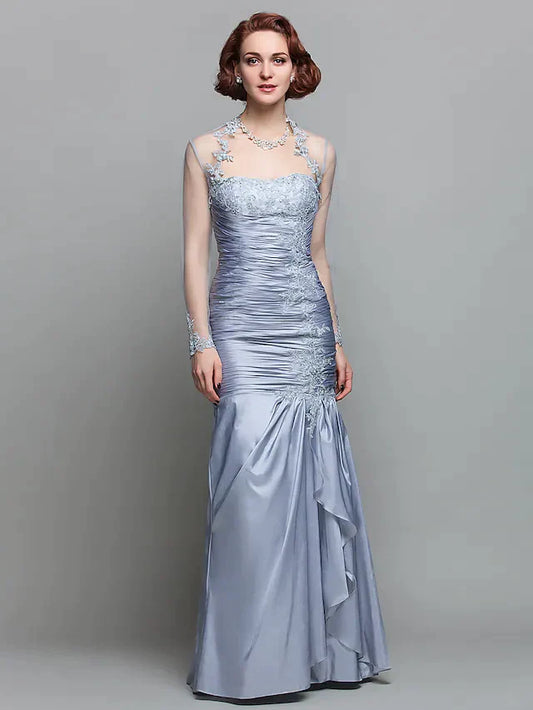 Mother of the Bride Dress Wrap Included Strapless Floor Length Lace Taffeta Long Sleeve with Ruched Beading Appliques