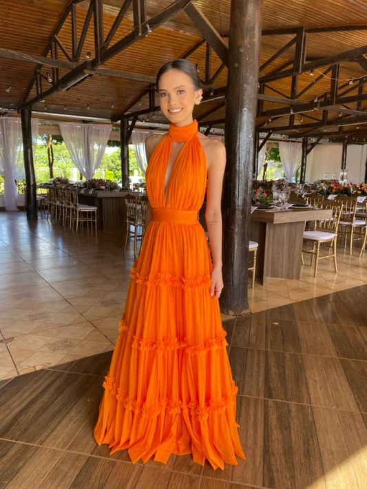 Sexy Orange Halter Tulle Evening Dress Deep V Neck Party Prom Dress cc2251