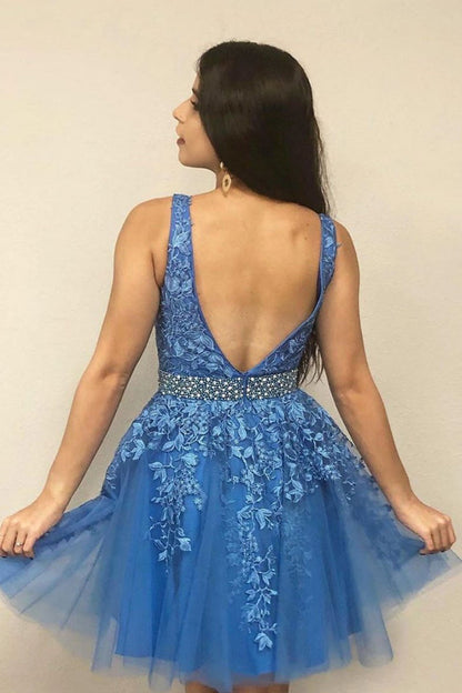 V Neck Open Back Blue Lace Short Prom Homecoming Dress, Backless Blue Lace Formal Graduation Evening Dress, Blue Lace Cocktail Dress