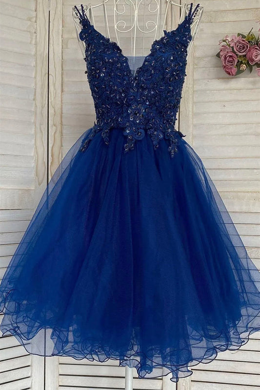 V Neck Short Blue Lace Prom Dress, Blue Lace Homecoming Dress, Short Blue Formal Graduation Evening Dress A1614