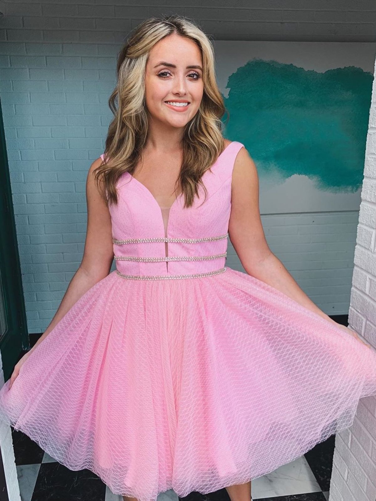 V Neck Short Pink Prom Dresses, Short V Neck Pink Graduation Homecoming Dresses