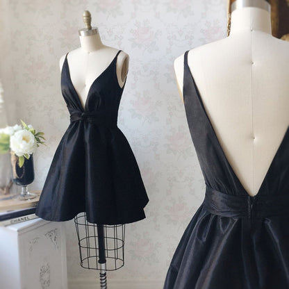 V Neck and V Back Black Satin Short Prom Homecoming Dress, V Neck Black Formal Graduation Evening Dress, Black Cocktail Dress