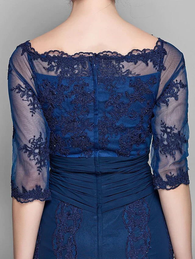 Mother of the Bride Dress Vintage Inspired Off Shoulder Knee Length Chiffon Tulle Half Sleeve with Ruched Appliques