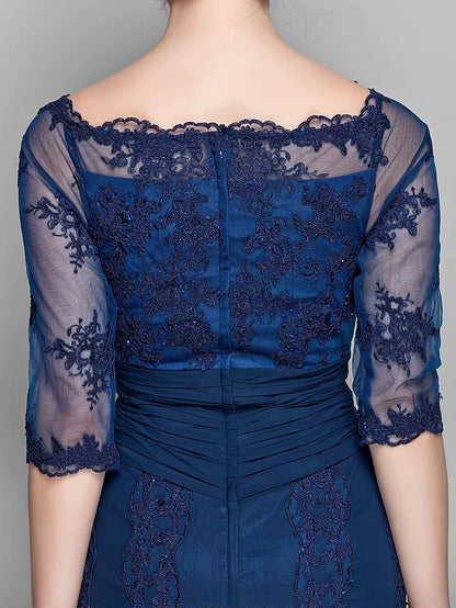 Mother of the Bride Dress Vintage Inspired Off Shoulder Knee Length Chiffon Tulle Half Sleeve with Ruched Appliques