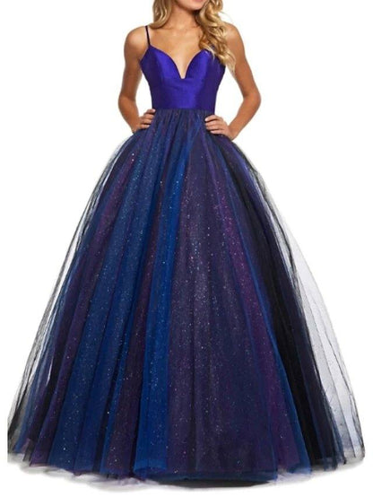 Ball Gown Open Back Prom Dress Spaghetti Strap Sleeveless Floor Length Tulle with Pleats - RongMoon