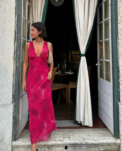 Pink Fashion Elegant Charming V Neck Floral Print Long Satin Ball Gown Evening Dress Holiday Party Dress gh3485