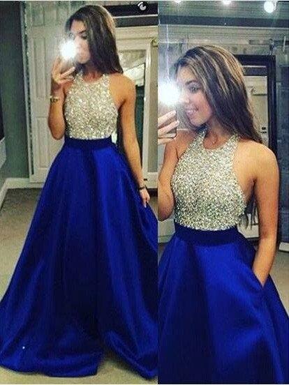 Ball Gown Sleeveless Jewel Crystal Satin Floor-Length Dresses - RongMoon