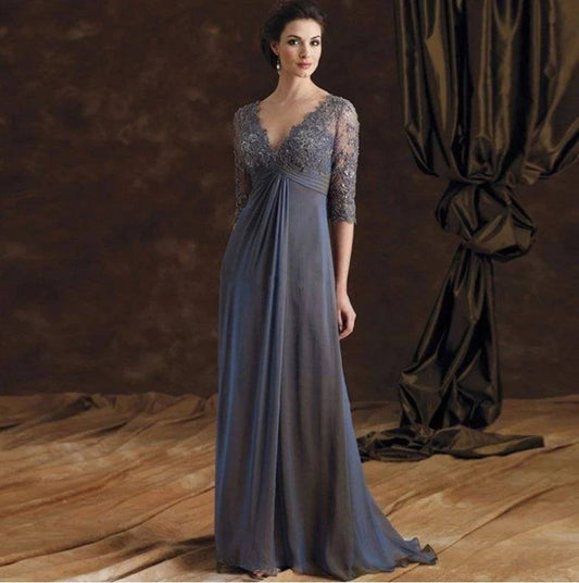 Gray Mother Of The Bride Dresses A-line V-neck Half Sleeves Chiffon Lace Plus Size Groom Long Mother Dresses For Wedding - RongMoon