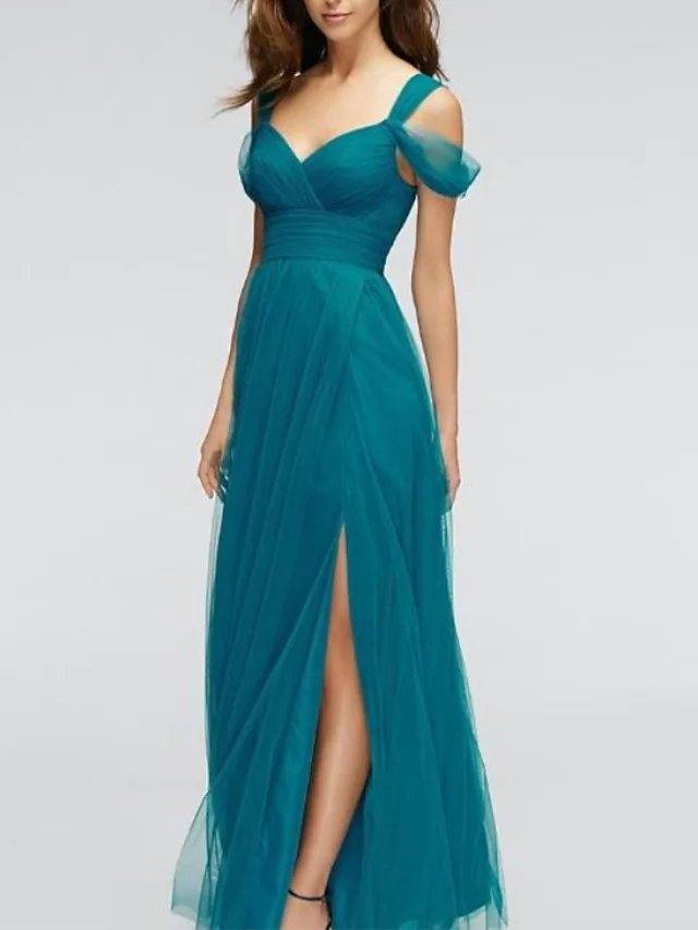 A-Line V Neck Floor Length Tulle Bridesmaid Dress with Split Front - RongMoon