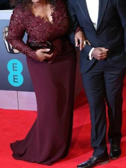 Sheath / Column Celebrity Style Plus Size Engagement Formal Evening Dress V Neck Long Sleeve Sweep / Brush Train Chiffon with Sash / Ribbon Appliques - RongMoon