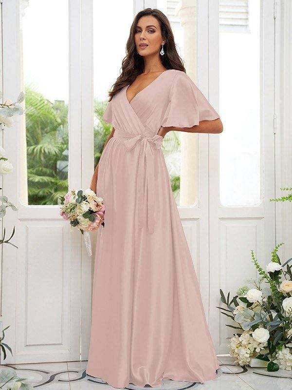 A-Line/Princess Silk like Satin Sash/Ribbon/Belt V-neck Short Sleeves Floor-Length Bridesmaid Dresses - RongMoon