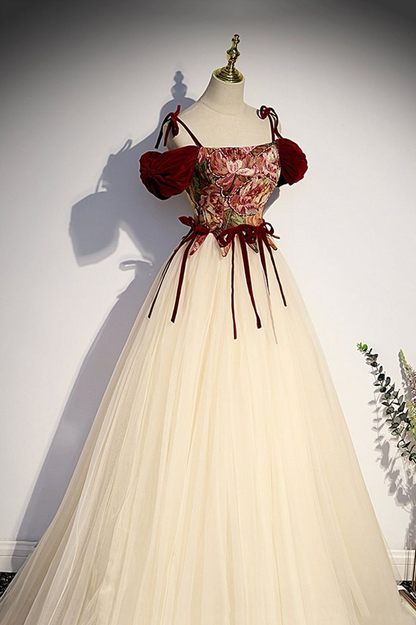 Vintage Spaghetti Straps Tulle A Line Ball Gown Champagne Formal Prom Dress cc2443