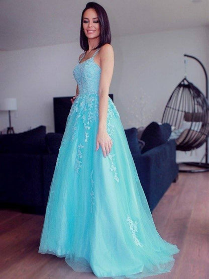 A-Line/Princess Spaghetti Straps Tulle Sleeveless Applique Sweep/Brush Train Dresses - RongMoon
