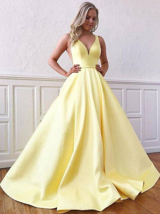 A-Line/Princess Satin Sleeveless Ruffles V-neck Sweep/Brush Train Dresses - RongMoon