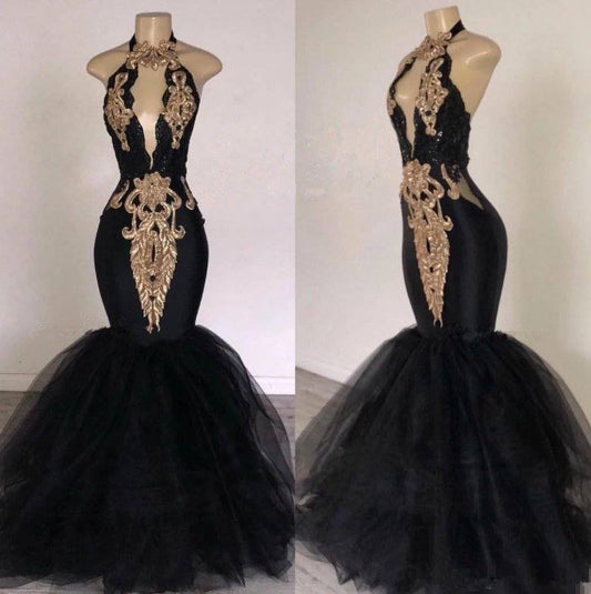 Black Prom Dresses Mermaid Halter Tulle Appliques Dubai Saudi Arabic Long Robe De Soiree Prom Gown Evening Dresses - RongMoon