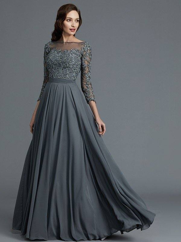 A-Line/Princess 3/4 Sleeves Bateau Floor-Length Chiffon Mother of the Bride Dresses - RongMoon