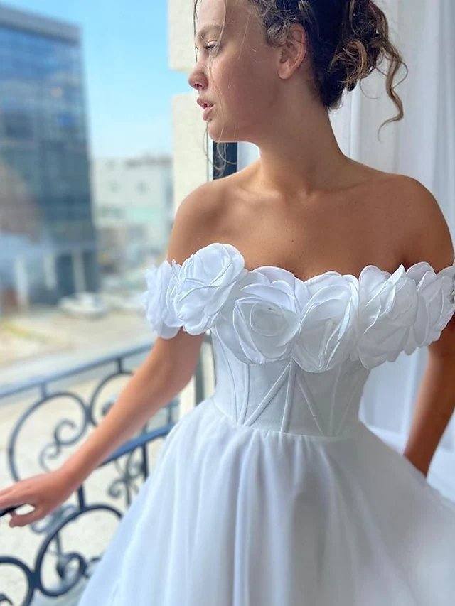 A-Line Elegant Floral Engagement Prom Dress Off Shoulder Sleeveless Sweep / Brush Train Organza with Sleek - RongMoon