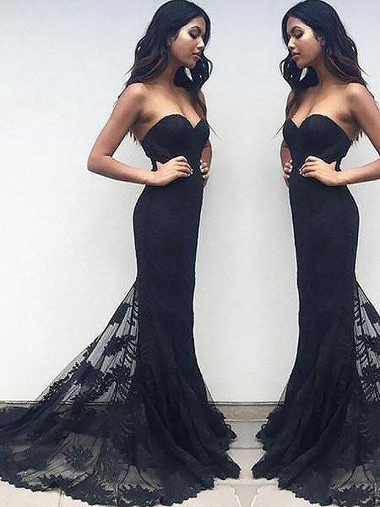 Trumpet/Mermaid Sleeveless Sweetheart Lace Ruffles Sweep/Brush Train Dresses - RongMoon