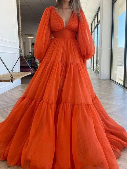 A-Line/Princess Sweep/Brush Train V-neck Long Sleeves 3D Chiffon Ruffles Dresses - RongMoon