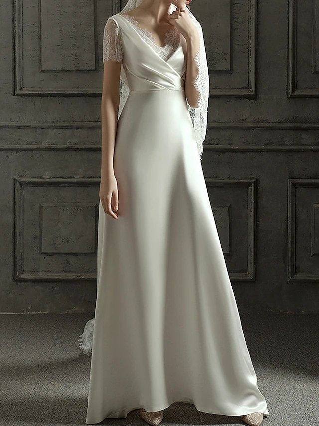A-Line Wedding Dresses V Neck Sweep / Brush Train Satin Short Sleeve Romantic Vintage 1950s with Lace - RongMoon