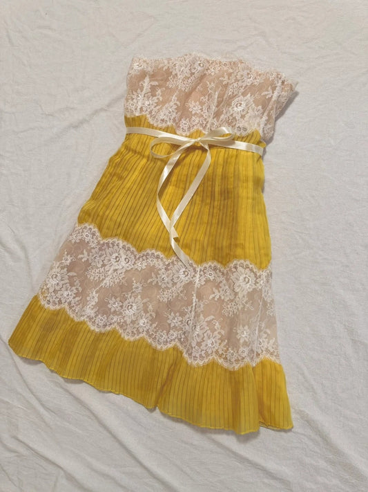 girlhomeshops-Ginger Yellow Chiffon and Lace Paneled Strapless Sleeveless Midi Dress with Ribbon Detail gh6312