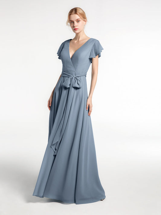 V-neck Cap Sleeves Chiffon Dress with Self-Bow-Dusty Blue