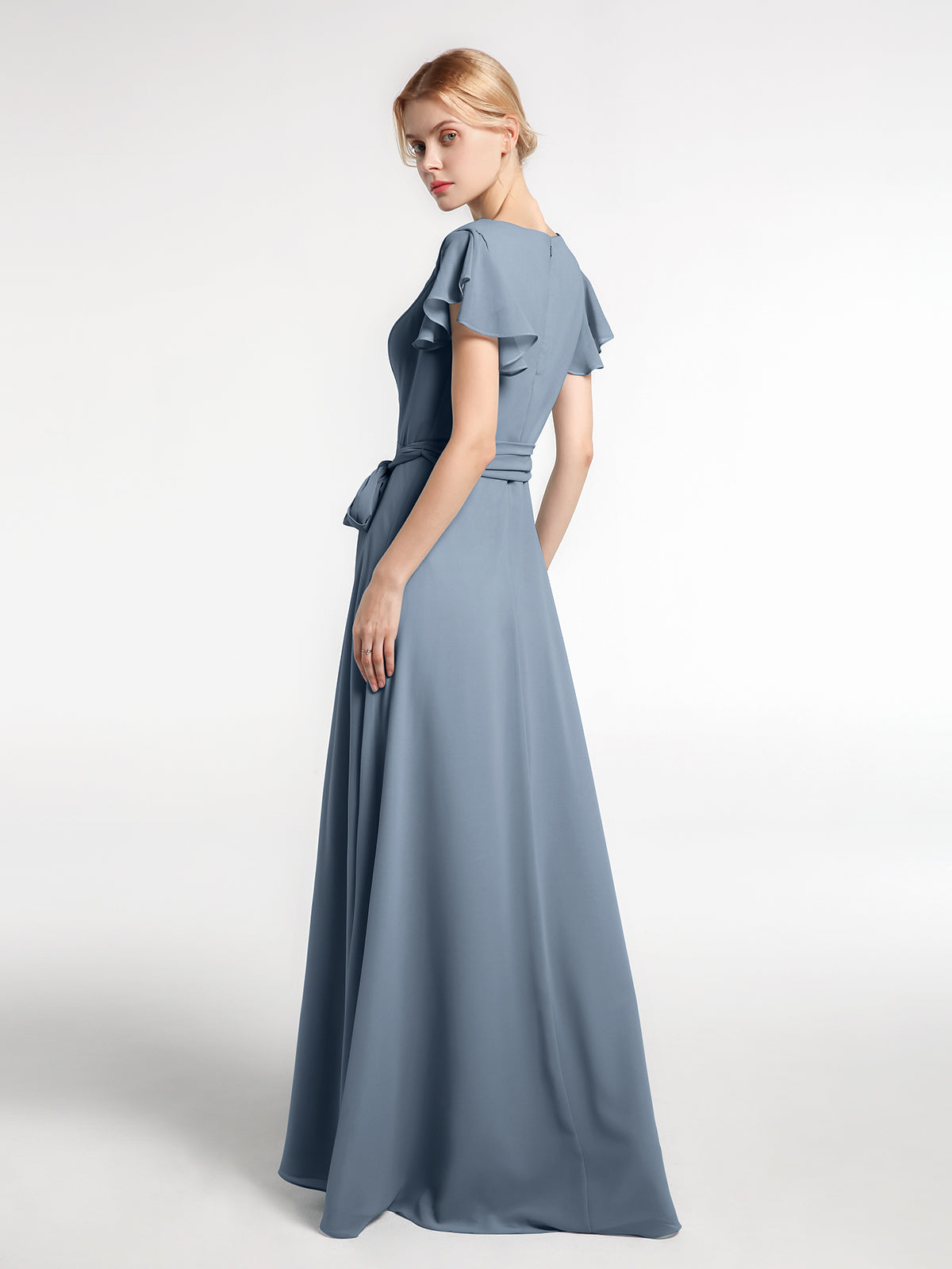 V-neck Cap Sleeves Chiffon Dress with Self-Bow-Dusty Blue
