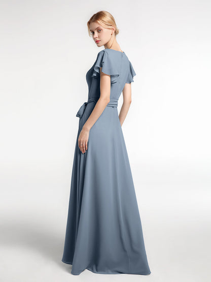 V-neck Cap Sleeves Chiffon Dress with Self-Bow-Dusty Blue