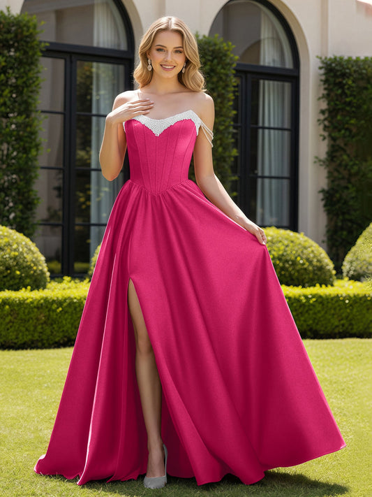 Beaded Off-the-shoulder A-line Sweep Train Slit Gown Fuchsia