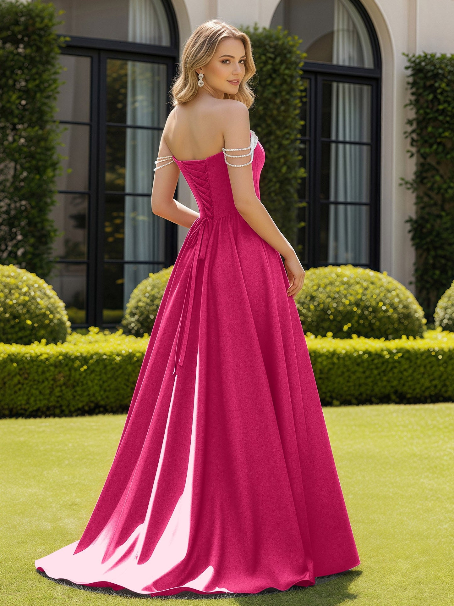 Beaded Off-the-shoulder A-line Sweep Train Slit Gown Fuchsia