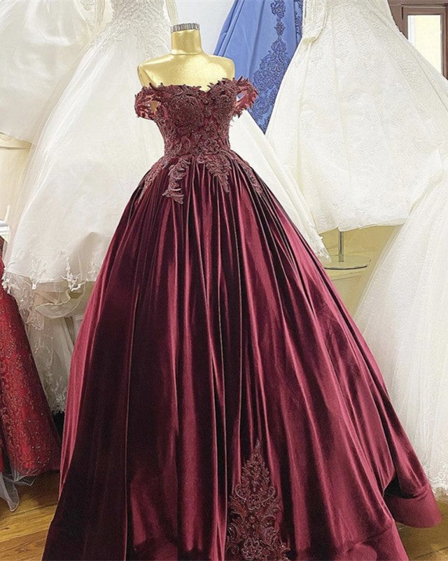 Velvet Ball Gown Wedding Dress Lace Embroidery Off The Shoulder