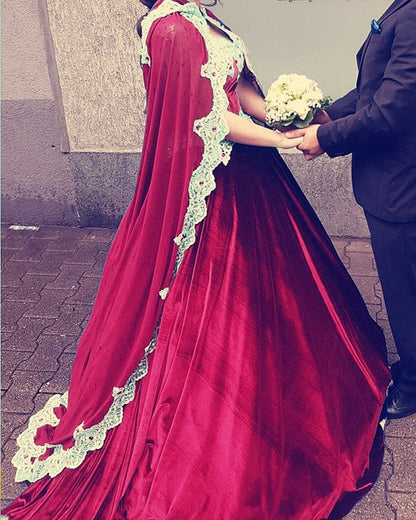 Velvet Ball Gown Wedding Dress With Cape