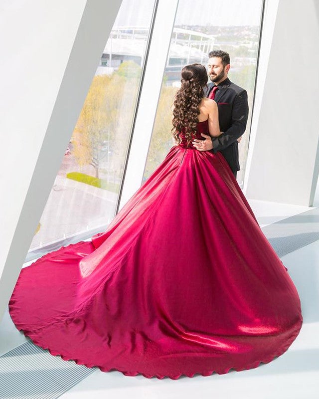 Burgundy Velvet Sweetheart Satin Ball Gown Dress