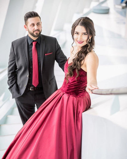 Burgundy Velvet Sweetheart Satin Ball Gown Dress