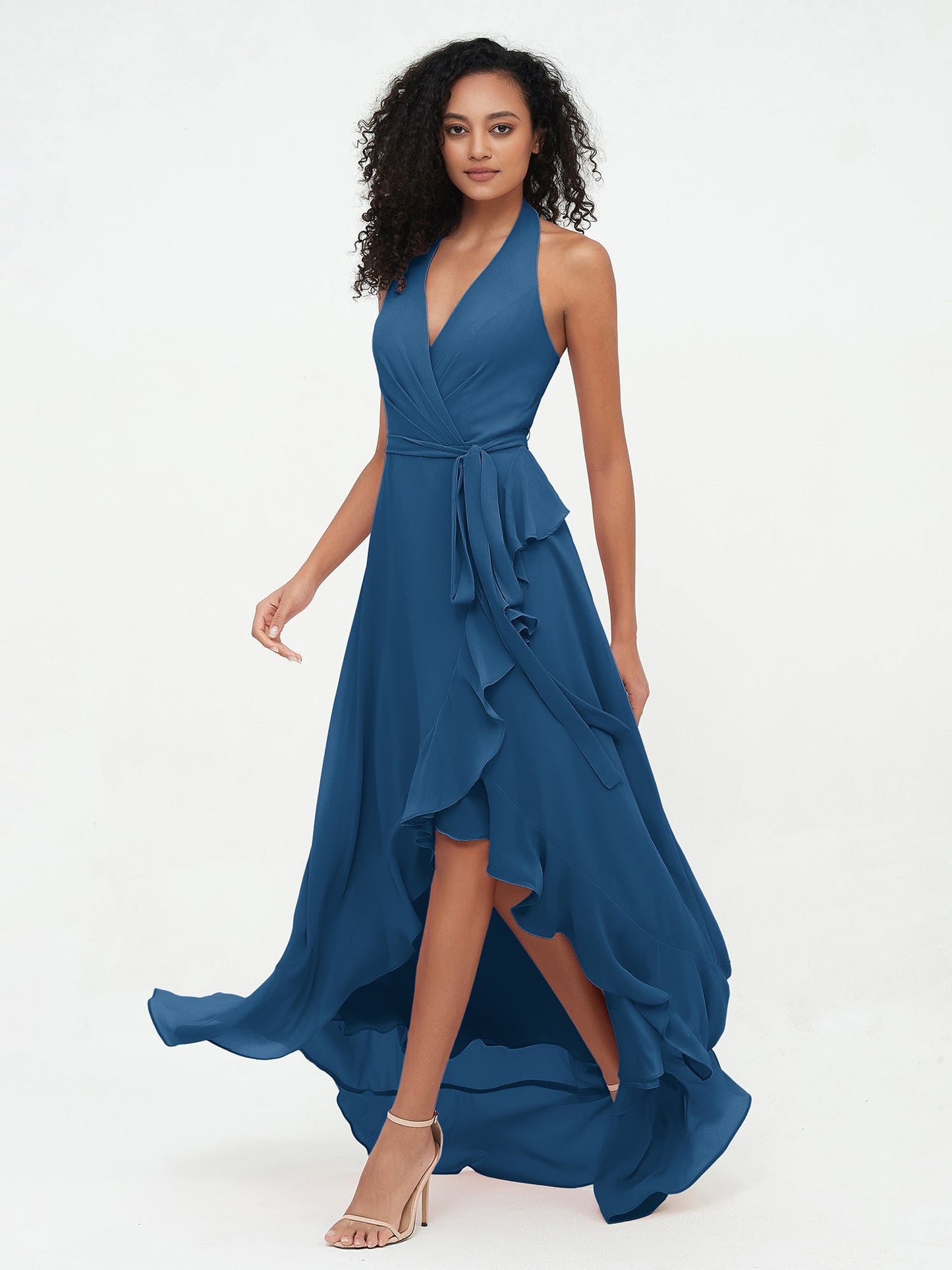 Halter Deep-V Neck Chiffon Asymmetrical Dresses-Ink Blue