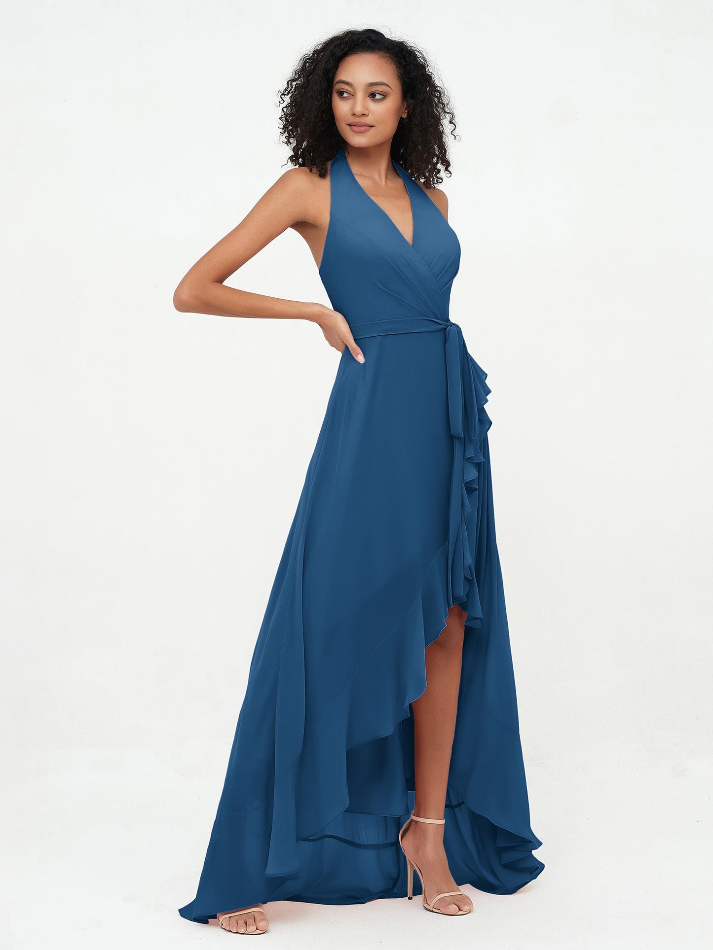 Halter Deep-V Neck Chiffon Asymmetrical Dresses-Ink Blue