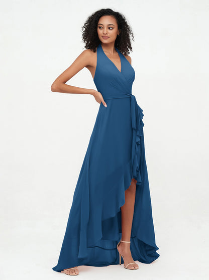 Halter Deep-V Neck Chiffon Asymmetrical Dresses-Ink Blue