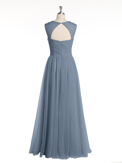 Cross-Pleated Tulle Long Dresses with Beaded Straps Dusty Blue Plus Size