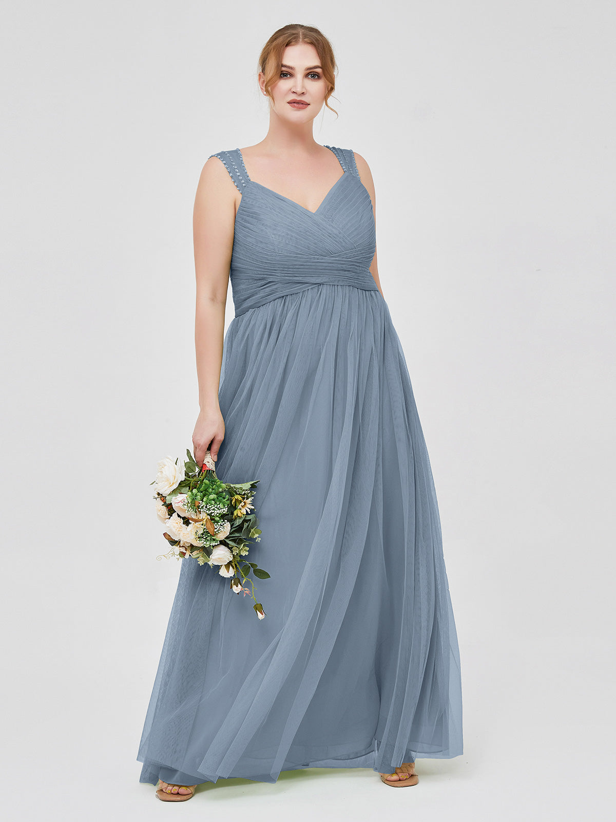 Cross-Pleated Tulle Long Dresses with Beaded Straps Dusty Blue Plus Size