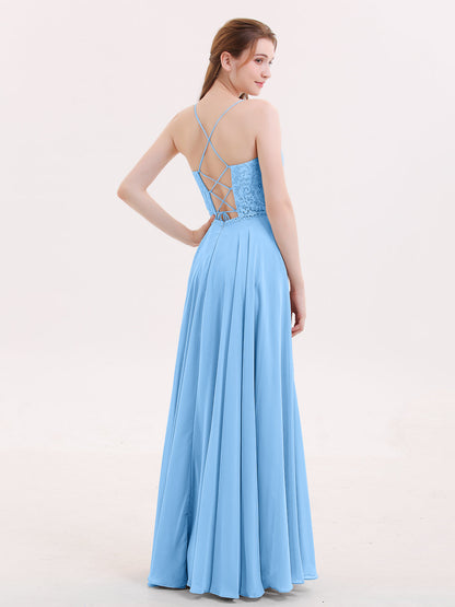 Spaghetti Strap Lace Dress with Corset Back-Blue