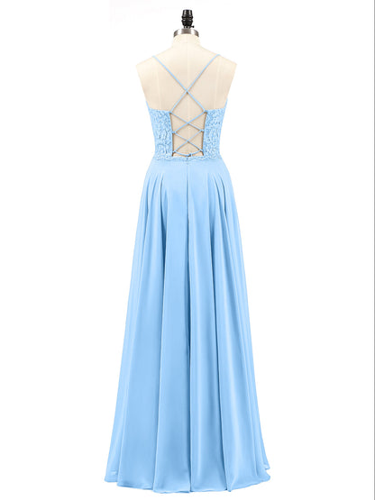 Spaghetti Strap Lace Dress with Corset Back-Blue