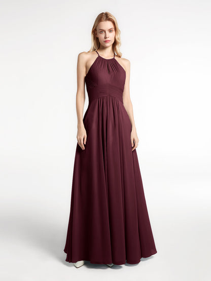Halter Keyhole Neck Chiffon Dress with Pockets-Cabernet