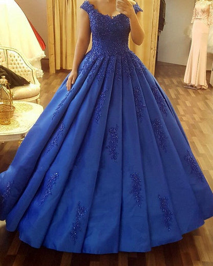 Vintage Royal Blue Satin Ball Gowns Wedding Dresses Lace Cap Sleeves