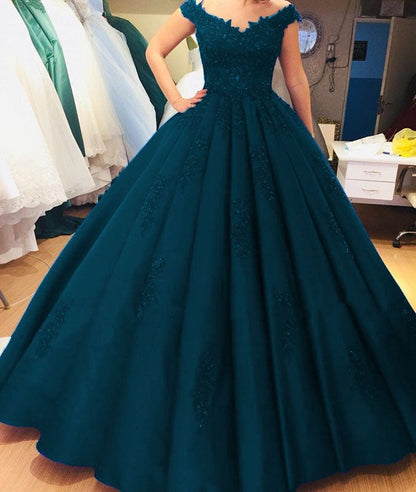 Vintage Royal Blue Satin Ball Gowns Wedding Dresses Lace Cap Sleeves